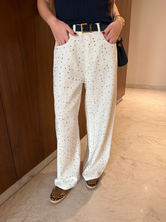 Orijinal Model , Premium Kalite , Full Taş İşlemeli , Ekru Jean Pantolon