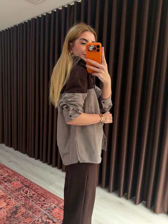 Çizgili Poplin Detaylı , Acıkahve Sweatshirt Takım