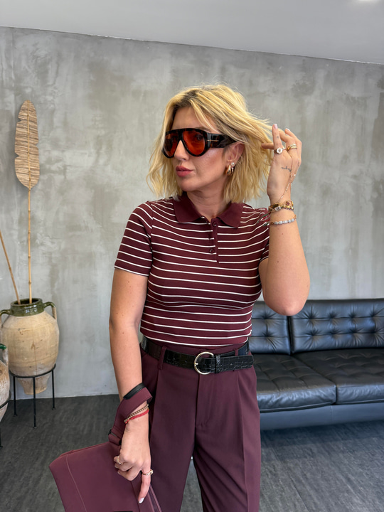 Bordo , Polo Yaka , Çizgili T-shirt