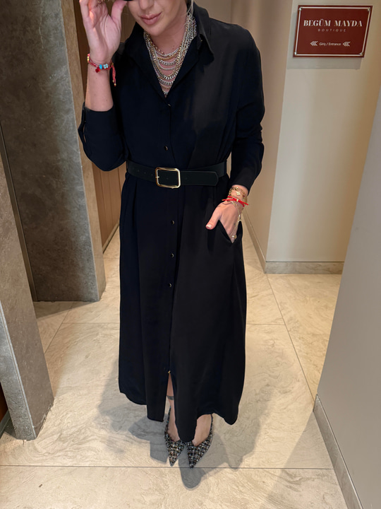 Kemerli , Tencel Modal , Siyah , Gömlek Elbise