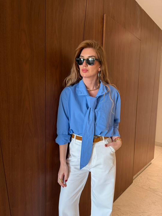 Orijinal Model , Mavi , %100 Koton , Fularlı Poplin Gömlek