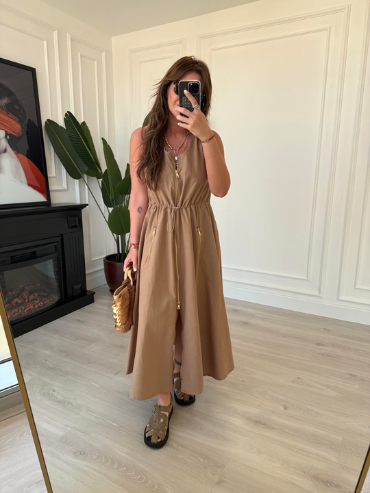 Orijinal Model , Önden Fermuarlı , Beli Ayarlamalı , Camel Elbise
