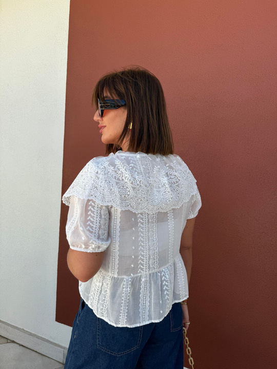 Geniş Yakalı , Premium Dantelli Bluz