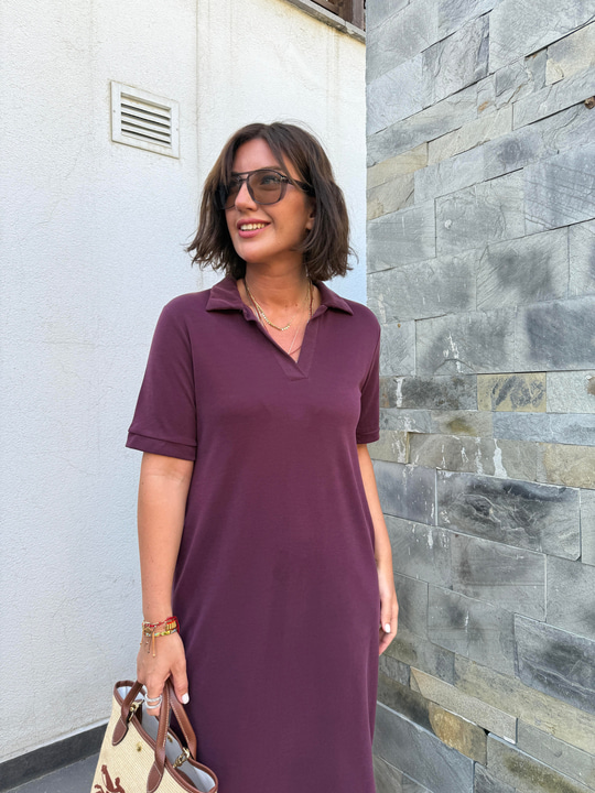 Polo Yaka Modal Patlıcan Moru Elbise