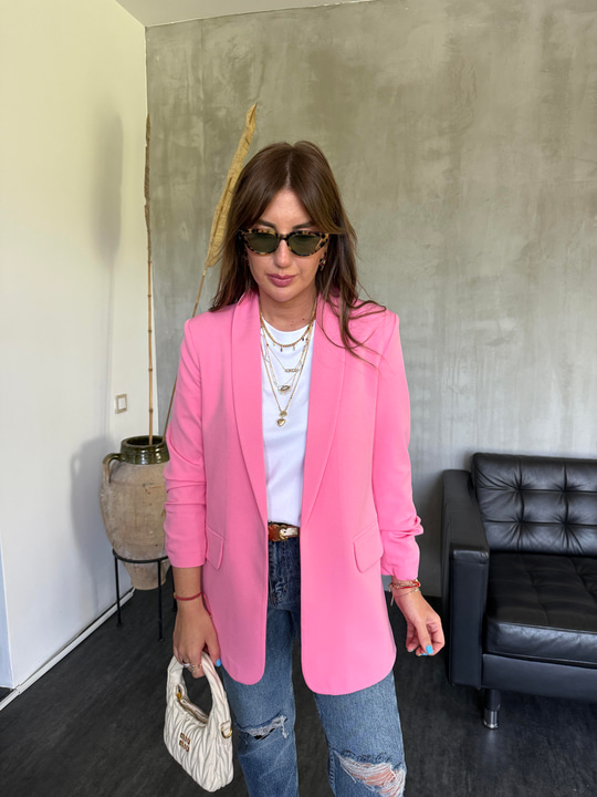 Orijinal Model , Kolu Büzgülü , Likralı , Pembe Blazer Ceket