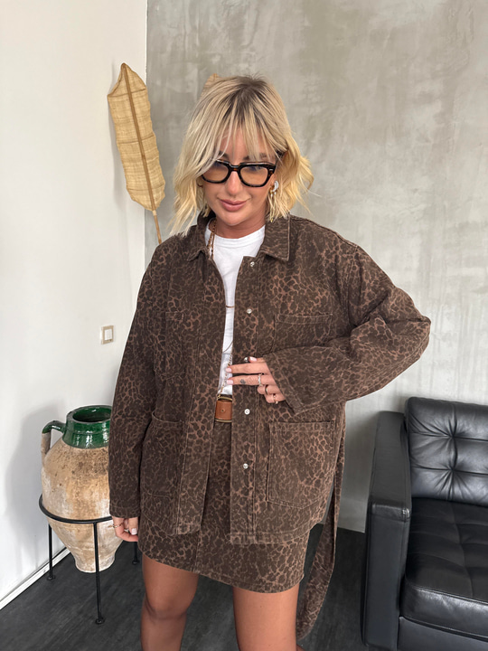 Gabardin Kumaş , Kuşaklı , Leopar Jean Gömlek