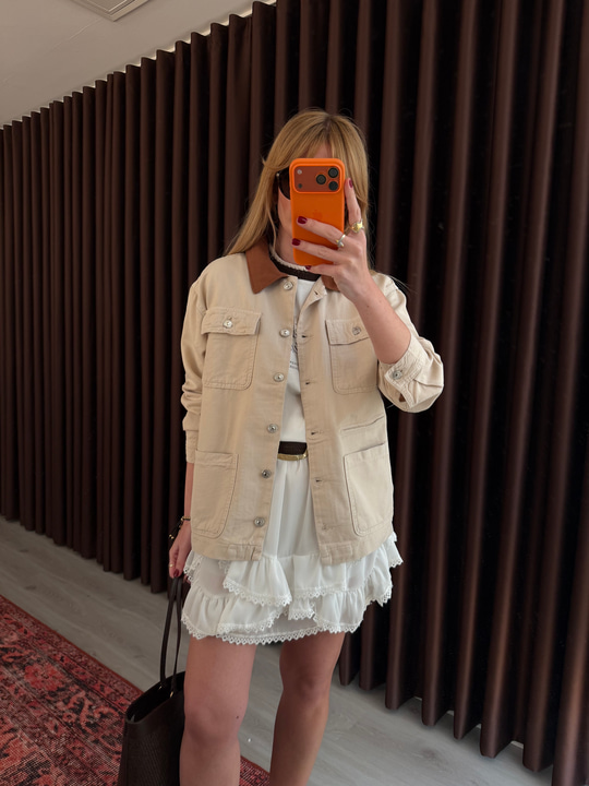 Taba Yakalı , Bej , Yumuşacık Tencel Jean Ceket
