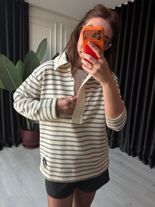 Yarım Fermuarlı , Siyah Çizgili , Polo Yaka Sweatshirt
