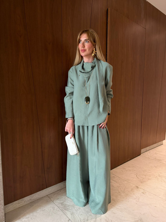 Nil Yeşili , Orijinal Model Fular Yakalı Gömlek & Pantalon Premium Tencel Takım