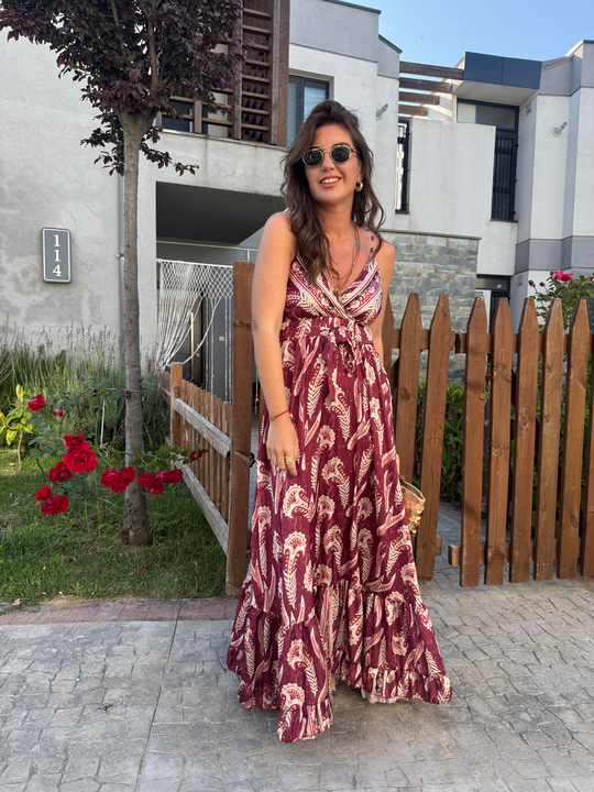 Belden Bağlamalı , Askılı , Bordo Desenli , İthal Elbise