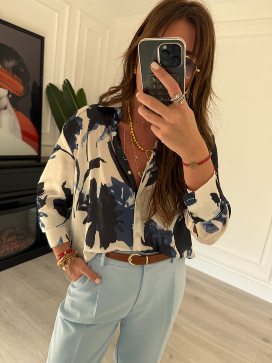 Mavi , Batik Desenli , Saten Gömlek