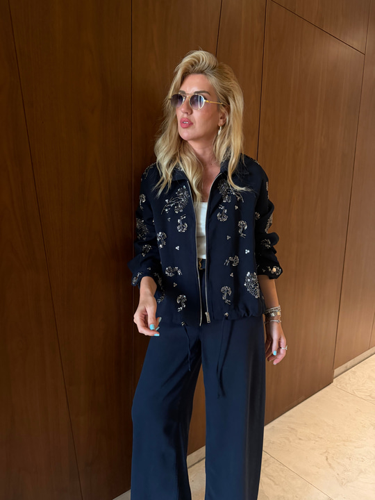 Premium Taş İşlemeli , Lacivert Bomber Ceket