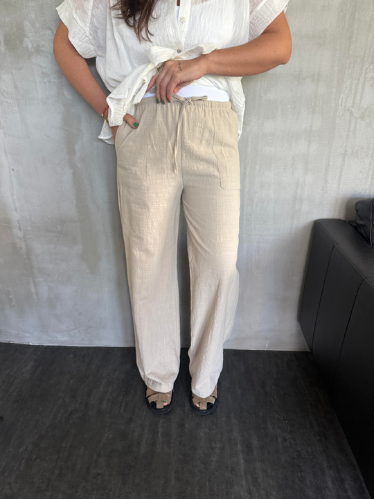 Beli Lastikli , %100 Cotton , Bej Pantolon