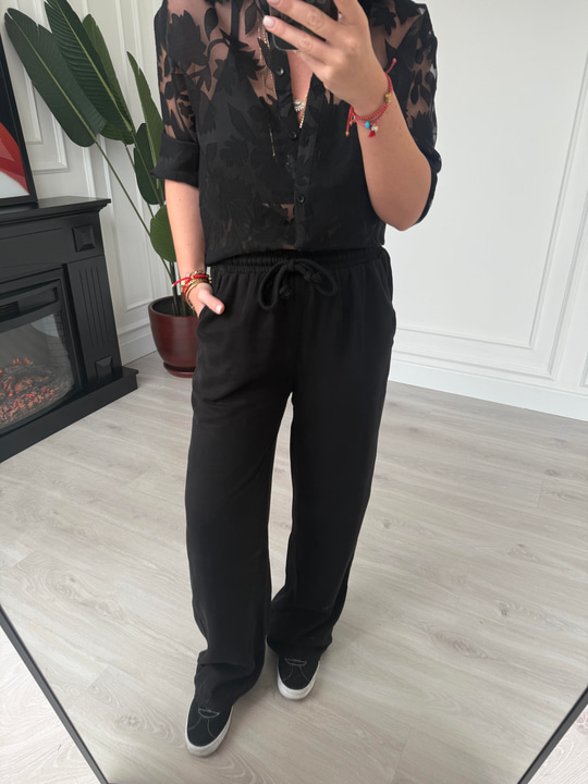 Siyah, Beli Lastikli, Gabardin Tencel Premium Palazzo Pantolon
