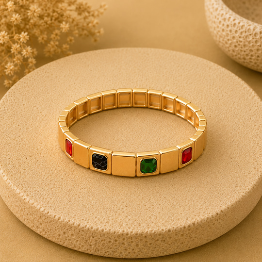 Renki Taşlı , Mini Kareli , Gold Bileklik