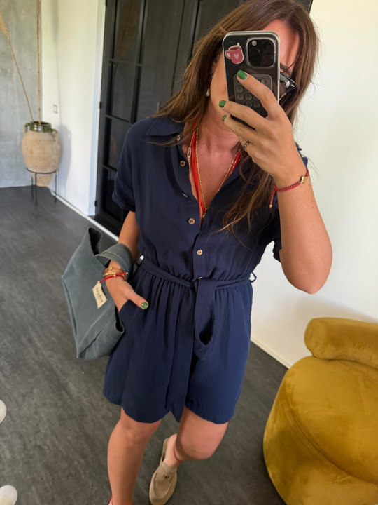 Beli Lastikli , Kuşaklı , %100 Coton , Lacivert Müslim Tulum