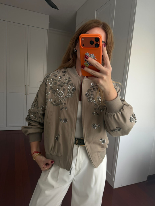 Kristal Taş İşlemeli Premium Vizon Bomber Ceket