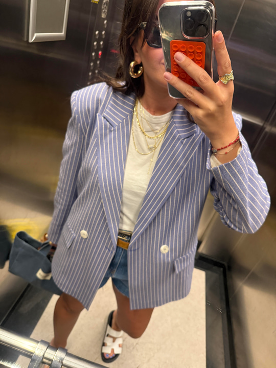Beyaz Çizgili , Mavi Blazer Ceket