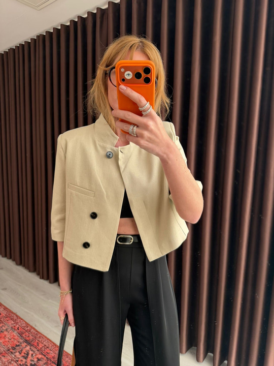 Bej , Keten Crop Ceket