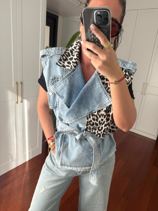 Orijinal Model , Leopar Detaylı , Tasarım Jean Yelek