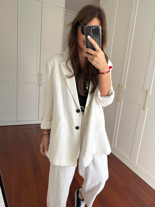 Oversize , Premium , Beyaz Keten Ceket