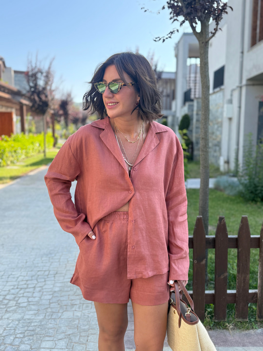 %100 Keten Gül Kurusu Gömlek & Şort Premium Takım