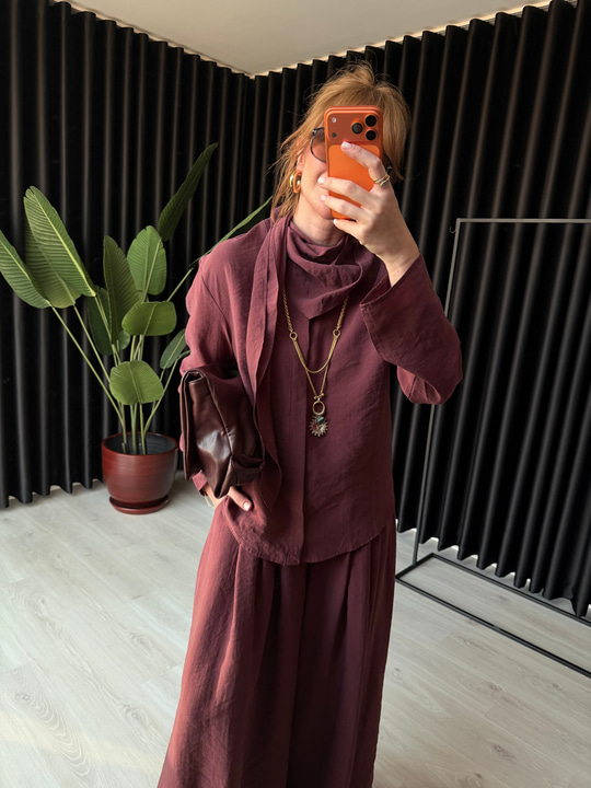Mürdüm Orijinal Model Fular Yakalı Gömlek & Pantalon Premium Tencel Takım
