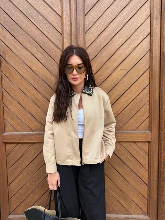 Orijinal Model , Yakası Deri ve Taş İşlemeli , Premium Camel Ceket