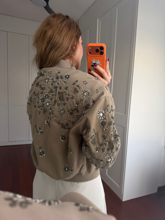 Kristal Taş İşlemeli Premium Vizon Bomber Ceket