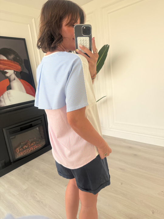 Arkası Pembe & Mavi Poplin Detaylı Beyaz T-Shirt