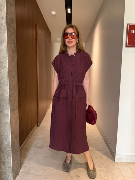 Orijinal Model , Kuşaklı & Cepli , Mürdüm Tencel Elbise