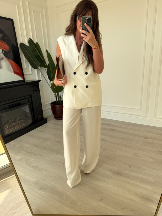 Blazer Yelek & Pantolonlu , Ekru Premium Takım