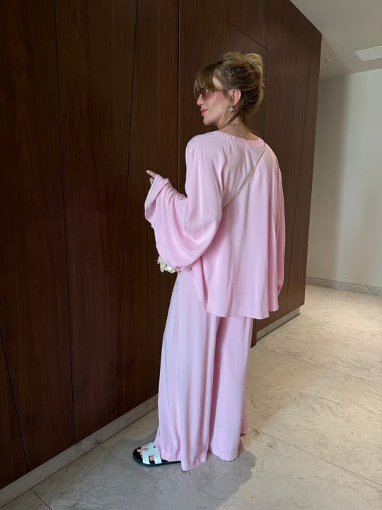 Premium Tencel Kumaş , Lastikli Pantolon & Gömlek , Pembe Takım
