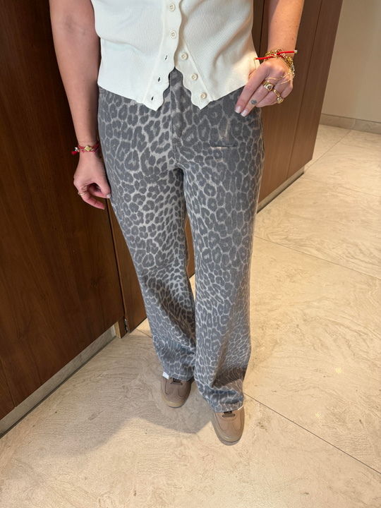 Gabardin Kumaş , Füme Leopar Desenli , Palazzo Pantolon