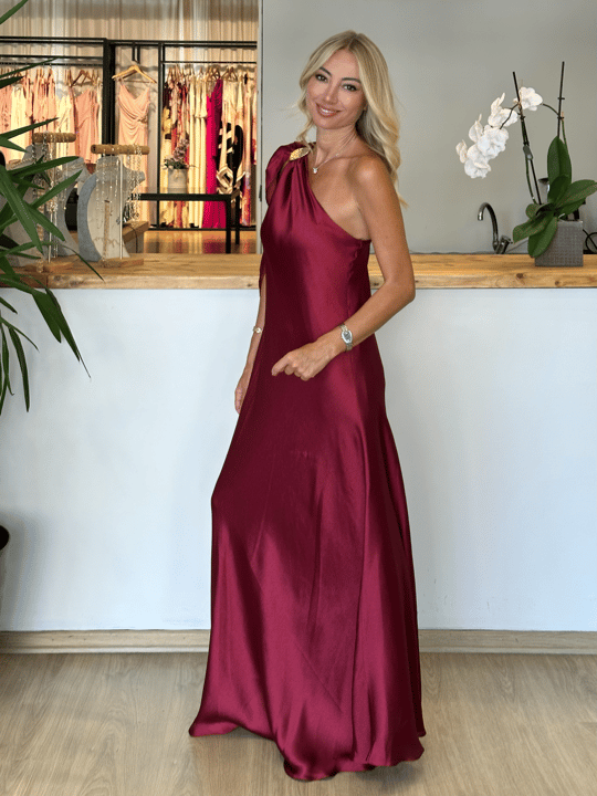 Bordo saten tek omuz elbise