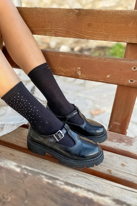 Gray Siyah Rugan Tokalı Makosen Kadın Loafer Ayakkabı