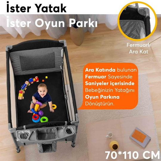 Elele Madre Anne Yanı Park Yatak Oyun Parkı 70x110 cm Gri-Siyah | Elele Baby