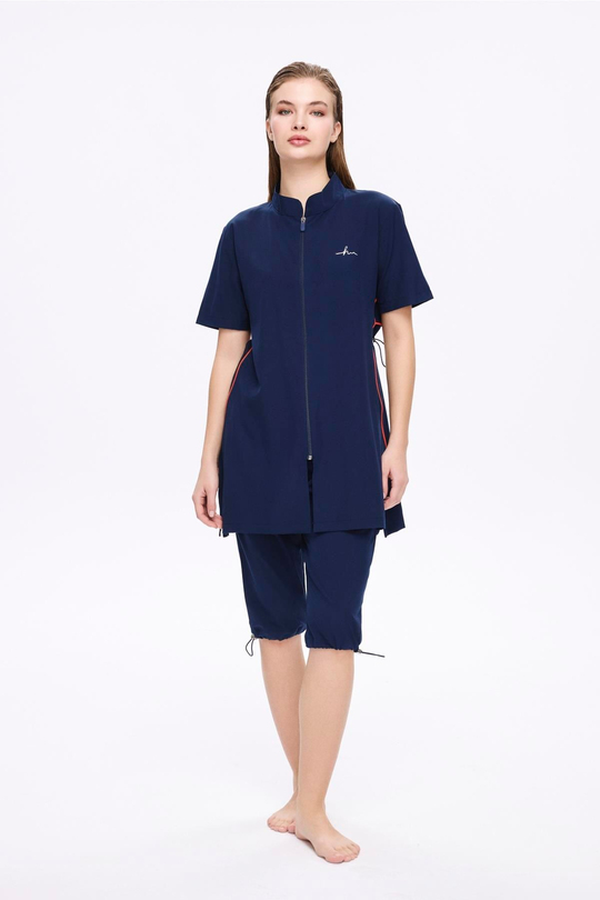 Haşema Zippered Navy Stretch Woven 5 Piece Semi-Covered Swimsuit