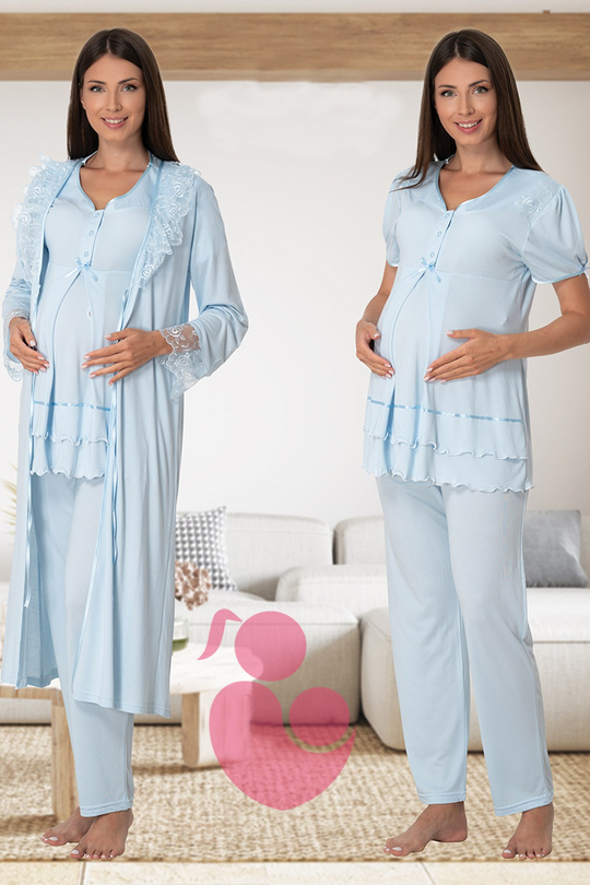 Lohusa Hamile 1094 Blue Maternity Nursing Pajamas Set with Robe