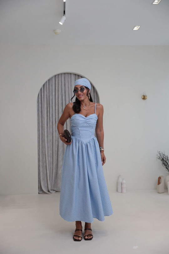 4058 Çizgili Bandana Detaylı Elbise MAVİ