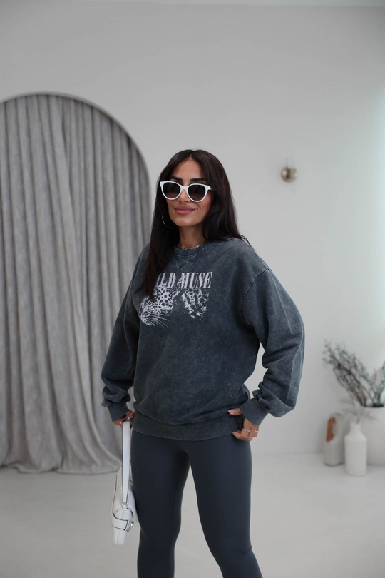9106 Kaplan Baskılı Ribanalı İki İplik Sweatshirt ANTRASİT