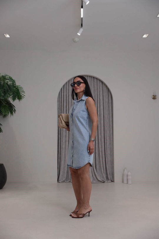 0633 Önü Çıtçıt Detaylı Sıfır Kol Denim Elbise AÇIK MAVİ