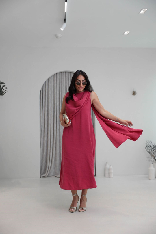 3419 Şal Detaylı Tencel Kumaş Sıfır Kol Elbise FUŞYA