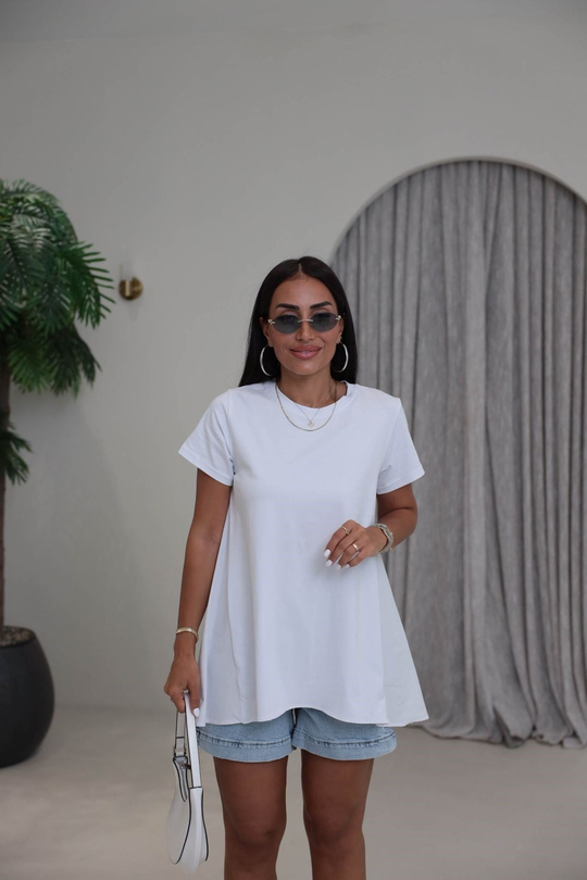 8745 Poplin Kumaş Garnili Bisiklet Yaka Tshirt BEYAZ