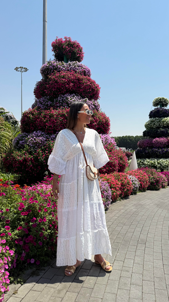 DXB Belden Büzgülü Komple Güpür Elbise BEYAZ
