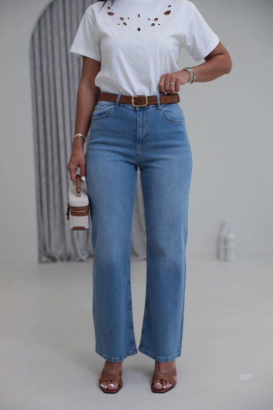8171 Süet Kemerli Yıkamalı Straight Pantolon MAVİ