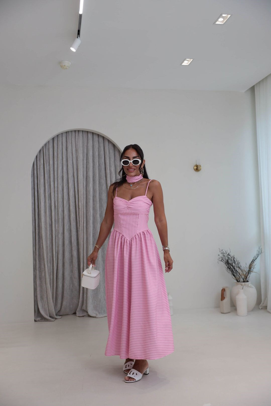 4058 Çizgili Bandana Detaylı Elbise PEMBE