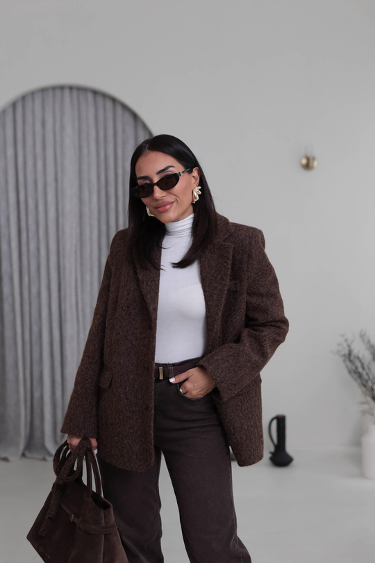 7368 Kuşak Detaylı Blazer Kaşe Ceket ACI KAHVE