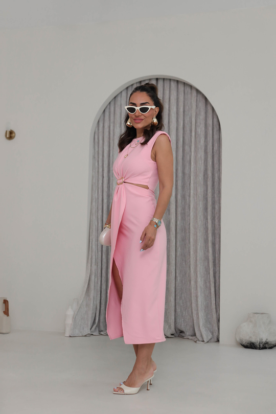 3755 Sıfır Kol  Bel Dekolteli Gold Tokalı Midi Elbise PEMBE