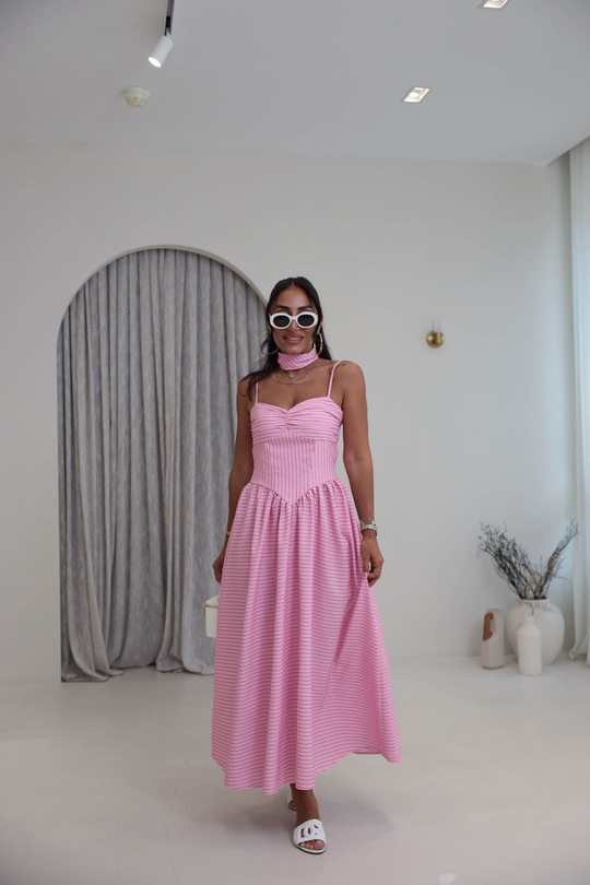 4058 Çizgili Bandana Detaylı Elbise PEMBE